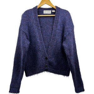 DD Sloane Sweater Medium Mohair Wool‎ Blend Cardigan Purple Blue Fuzzy Knit Vtg